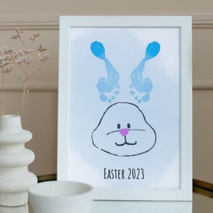Easter bunny printable, footprint art, blue, instant digital download