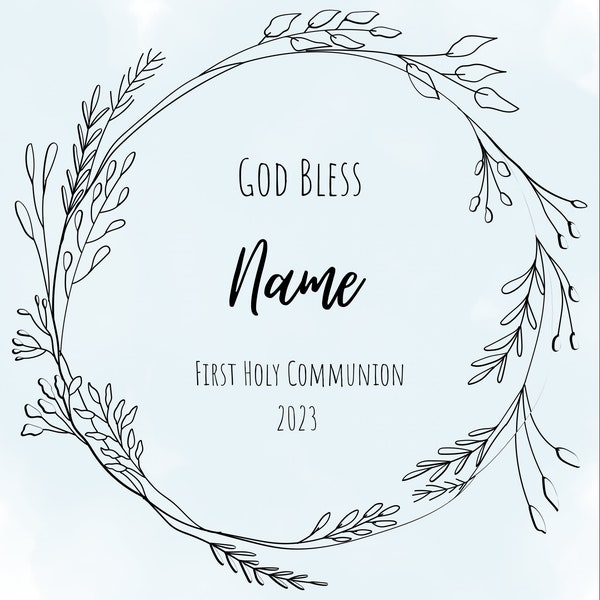 Personalized First Communion print, wreath, blue