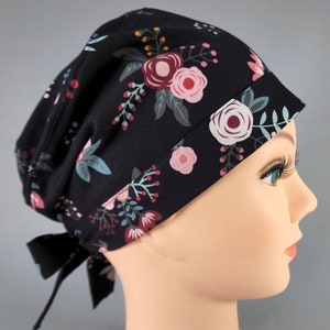 Pixie Scrub Cap for Women, Rose Mauve Floral on Black Surgical Hat with Hair Pouch, Pink Flower Surgery Caps