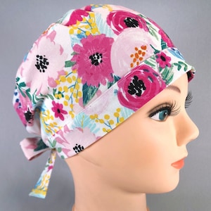 Pixie Scrub Cap for Women, Pink Berry Floral Surgical Hat with Hair Pouch, Flower Surgery Caps