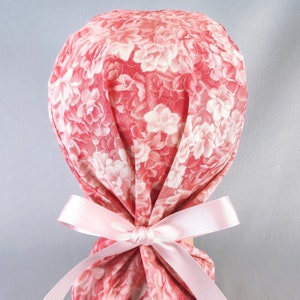 Pink Floral Ponytail Scrub Cap for Women, Coral Surgical Hat with Ribbon Ties Satin Lined Option, Cute Surgery Caps