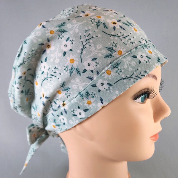 Floral Pixie Scrub Cap: Misty Teal Surgical Hat with Hair Pouch