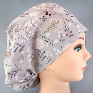 Gray Floral Euro Scrub Cap, Women&#39;s Surgical Hat with Adjustable Toggle,  Cute Spring Flower Scrub Hat