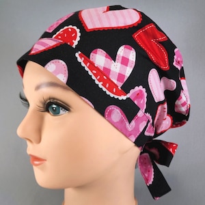 Valentines Day Scrub Cap, Women's Pixie Pink Red Hearts on Black Surgical Hat with Hair Pouch and Ties, Cardiac Surgery Caps