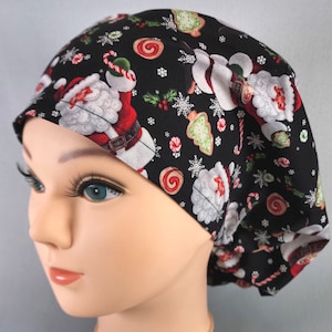 Christmas Euro Scrub Cap for Women, Santa Surgical Hat, Festive Holiday Surgery Caps with Adjustable Toggle and Satin Lined Option