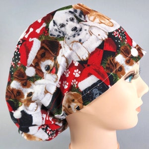 Christmas Dogs Euro Scrub Cap for Women, Puppies in Stockings Surgical Hat, Surgery Caps with Adjustable Toggle and Satin Lined Option