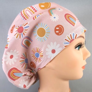Retro Rainbow Smiley Face Euro Scrub Cap, Coral Pink Surgical Hat, Satin Lined Option