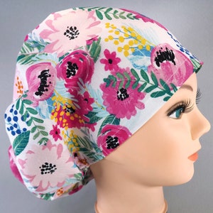 Pink Berry Floral Euro Scrub Cap, Women&#39;s Surgical Hat with Adjustable Toggle,  Cute Spring Flower Scrub Hat