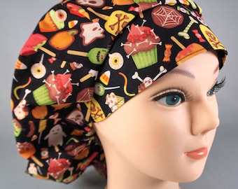 Halloween Candy on Black Bouffant Scrub Cap, Fall Surgical Hat, Optional Satin Lining