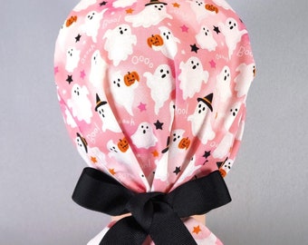 Halloween Boo Ghosts on Pink Ponytail Scrub Cap for Women with Ribbon Ties Elastic Pouch Spooky Fall Surgical Hat Satin Lined Option