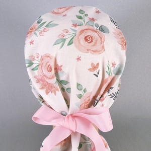 Peach Floral on Cream Ponytail Scrub Cap for Women, Flower Surgical Hat with Ribbon Ties Satin Lined Option, Cute Surgery Caps