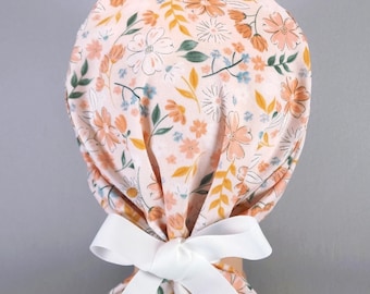 Bella Floral Ponytail Scrub Cap, Ribbon Tie Surgical Hat, Optional Satin Lining