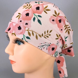 Pixie Scrub Cap for Women, Peach Floral Surgical Hat with Hair Pouch, Flower Surgery Caps