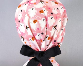 Halloween Boo Ghost Ponytail Scrub Cap: Pink Ribbon Tie Surgical Hat, Optional Satin Lining