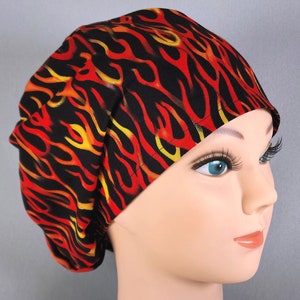Euro Scrub Cap for Women, Flames on Black Surgical Hat, Surgery Caps with Adjustable Toggle