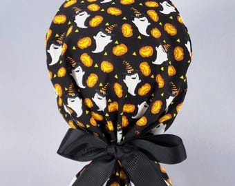 Halloween Ponytail Scrub Cap: Happy Ghosts Ribbon Tie Surgical Hat - Satin Lined Option
