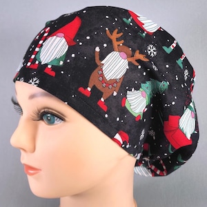 Christmas Euro Scrub Cap for Women, Gnomes on Black Surgical Hat, Festive Surgery Caps Adjustable Toggle Satin Lined Option