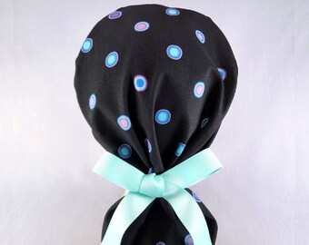 Blue Purple Circles on Black Ponytail Scrub Caps for Women with Ribbon Ties Elastic Pouch Geometric Surgical Hat, Scrub caps