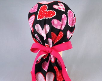 Valentines Day Ponytail Scrub Cap for Women with Ribbon Ties Elastic Pouch Pink Surgical Hat Hearts Scrubhat Scrubcap
