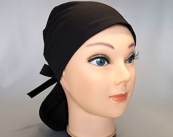 Solid Black 100% Kona Cotton Women's Ponytail Scrub Cap for Long Hair Surgical Hats Nurse Caps Dental Veterinary Chef Scrubcaps