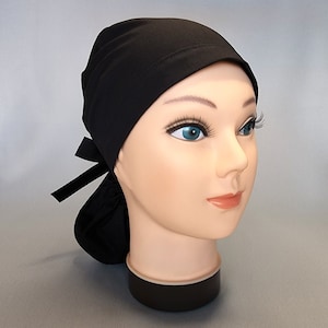 無地ブラック 100% コナコットン レディース ポニーテール スクラブキャップ ロングヘア用 サージカルハット ナースキャップ 歯科 獣医 シェフ スクラブキャップ