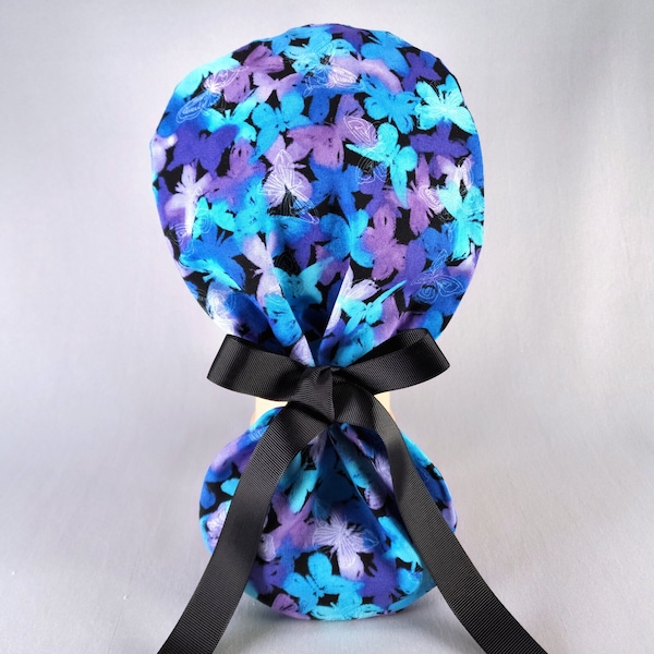 Blue Purple Butterflies Ponytail Scrub Cap for Women with Ribbon Ties Elastic Pouch Butterfly Surgical Hat