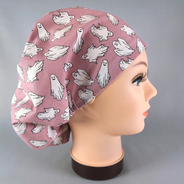Halloween Ghosts on Vintage Pink Euro Scrub Cap for Women Surgical Hat with Adjustable Toggle Fall Scrubhats Glow in the Dark Surgery Hats