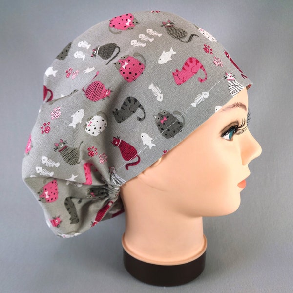 Cats with Fish on Gray Euro Scrub Cap, Women's Surgical Hat with Adjustable Toggle,  Cute Pink White Veterinary Scrub Hat