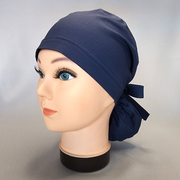 Solid Navy Blue 100% Kona Cotton Women's Ponytail Scrub Cap for Long Hair Surgical Hats Nurse Caps Dental Veterinary Chef Scrubcaps
