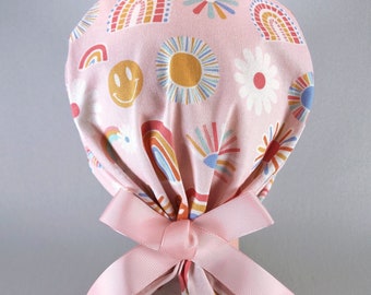 Blush Pink Retro Vibes Ponytail Scrub Cap for Women with Ribbon Ties Elastic Pouch Floral Rainbow Smiley Face Surgical Hat