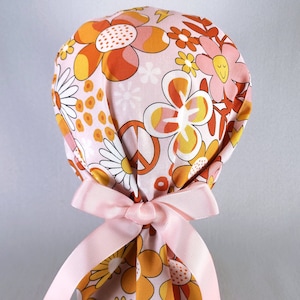 Retro Flower Power Ponytail Scrub Cap for Women with Ribbon Ties Elastic Pouch Pink Floral Surgical Hat