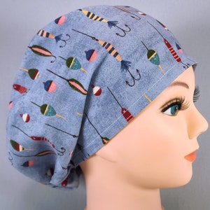 Fly Fishing Lures Scrub Cap: Euro Style Surgical Hat, Adjustable Toggle, Optional Satin Lining