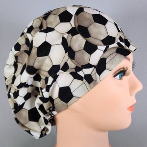 Euro Scrub Cap for Women, Soccer Balls Surgical Hat, Sports Surgery Caps with Adjustable Toggle, Satin Lined Option
