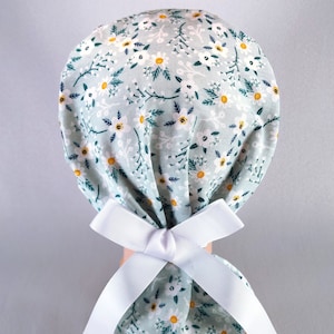 Misty Teal Floral Ponytail Scrub Cap for Women with Ribbon Ties Elastic Pouch Flower Surgical Hat