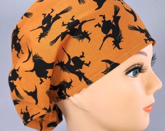 Halloween Witch Scrub Cap: Adjustable Euro Style, Satin Lined Option