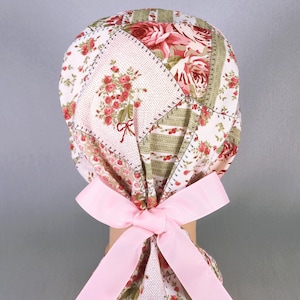 Vintage Rose Patchwork Ponytail Scrub Cap, French Cottage Floral Surgical Hat, Optional Satin Lining