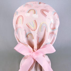 Pastel Rainbow Ponytail Scrub Cap for Women, Pink Surgical Hat with Ribbon Ties Satin Lined Option, Cute Surgery Caps