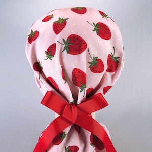 Strawberry Ponytail Scrub Cap, Pink Polka Dot Surgical Hat, Optional Satin Lining