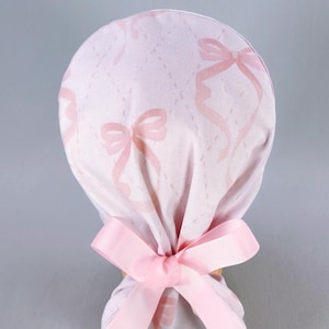 Pink Bows Ponytail Scrub Cap for Women, Cute Surgical Hat with Ribbon Ties Satin Lined Option, Pretty Surgery Caps
