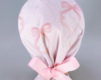 Pink Bows Ponytail Scrub Cap, Women's Surgical Hat, Optional Satin Lining
