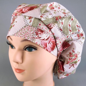 Vintage Rose Patchwork Bouffant Scrub Cap, Adjustable Surgical Hat, Satin Lined Option