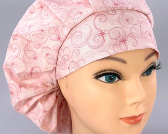 Gorro quirúrgico abullonado rosa con remolino, gorro quirúrgico con cierre ajustable, forro de satén opcional.