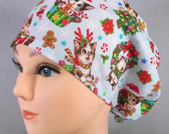 Christmas Kittens Euro Scrub Cap, Adjustable Surgical Hat, Optional Satin Lining