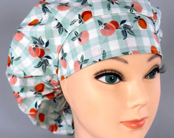 Sage Gingham Peaches Bouffant Scrub Cap, Women's Surgical Hat, Optional Satin Lining