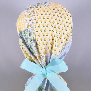Floral Patchwork Ponytail Scrub Cap, Blue Yellow Flowers, Optional Satin Lining