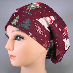 Christmas Euro Scrub Cap for Women, Hangin' With My Gnomies Holiday Surgical Hat, Surgery Caps Adjustable Toggle Satin Lined Option