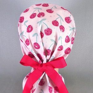 Disco Ball Cherries Ponytail Scrub Cap for Women, Pink Surgical Hat with Ribbon Ties Satin Lined Option, Cute Surgery Caps