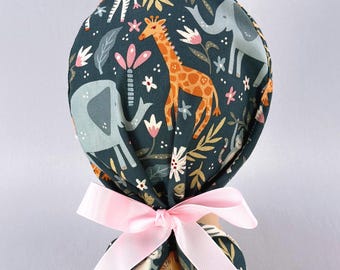 Gorro quirúrgico con cola de caballo de la colección Animal Kingdom, gorro quirúrgico con estampado de fauna silvestre, cintas para atar, forro de satén opcional.