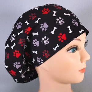 Paw Prints and Bones on Black Euro Scrub Cap, Women&#39;s Surgical Hat with Adjustable Toggle,  Cute Dog Veterinary Hat, Satin Lined Option