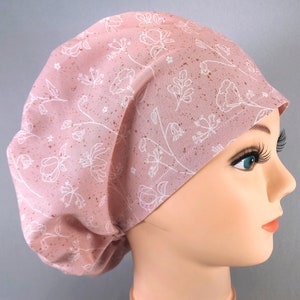 Pink Rose Floral Euro Scrub Cap for Women, Flower Surgical Hat with Adjustable Toggle